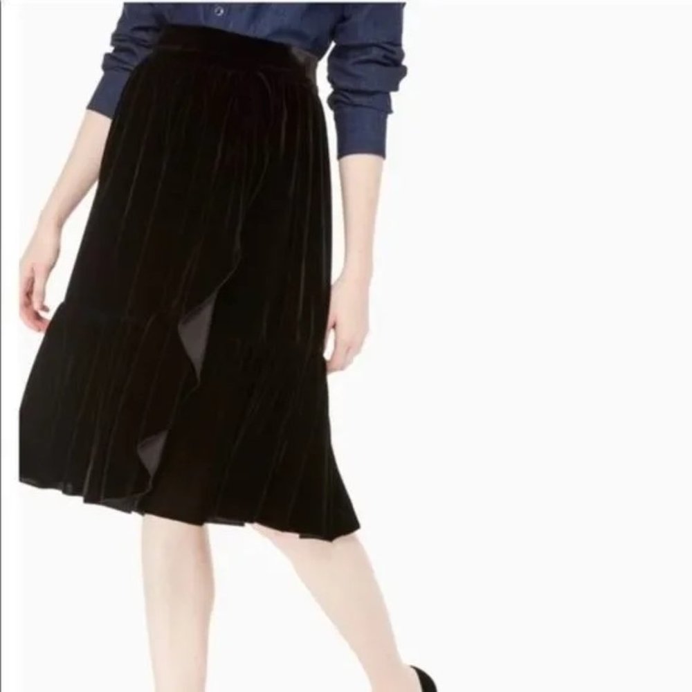 NWT KATE SPADE RUFFLE FRONT VELVET SKIRT, BLACK, SIZE 2